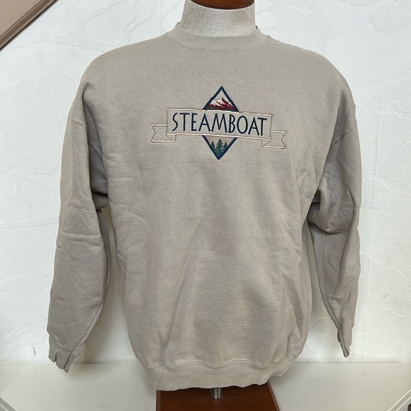 STEAMBOAT Embroidered Graphic Unisex Tan Beige Crewneck Sweatshirt size XL - Picture 1 of 12